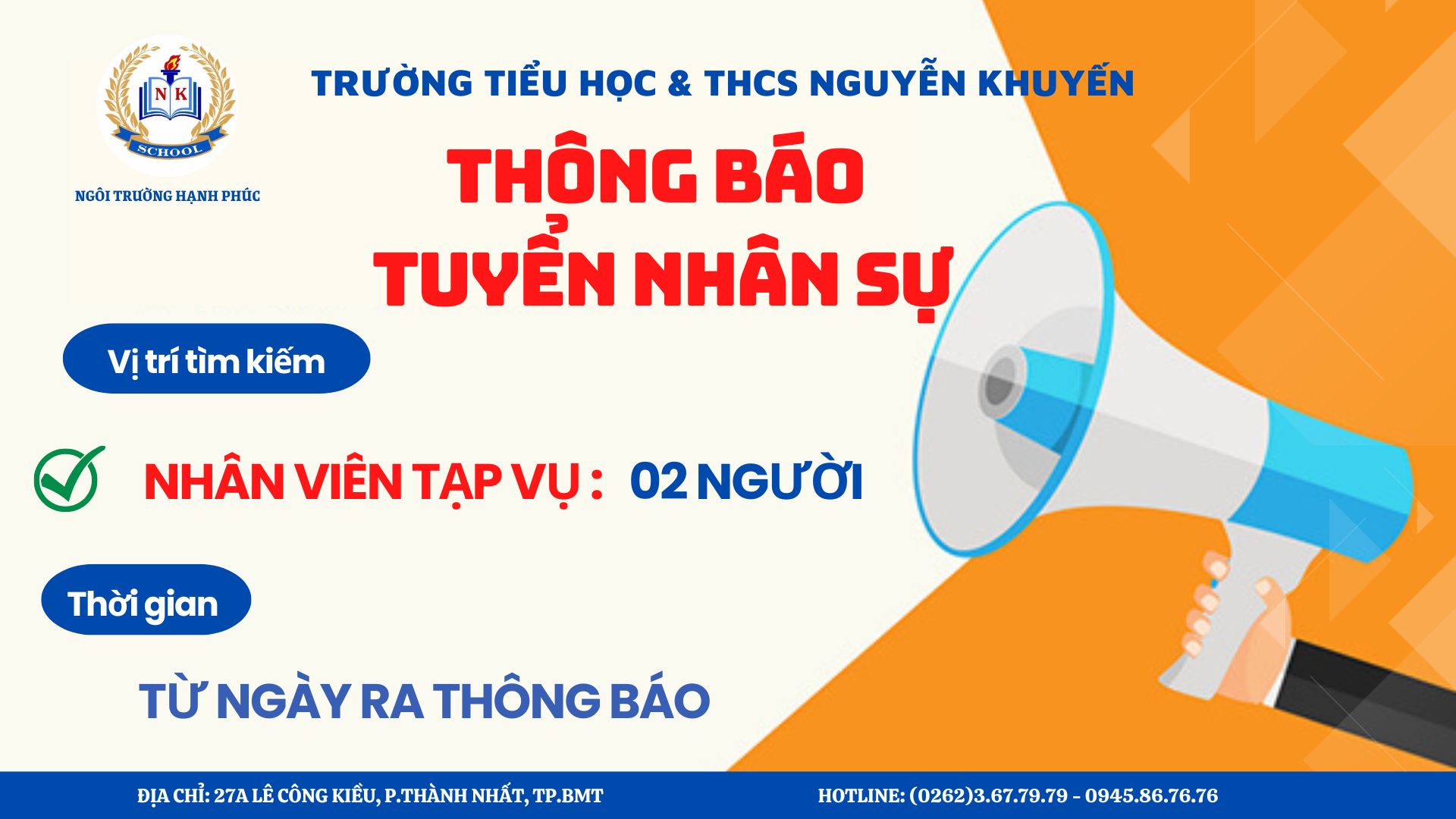 THÔNG BÁO TUYỂN DỤNG NHÂN VIÊN TẠP VỤ - 02 NGƯỜI